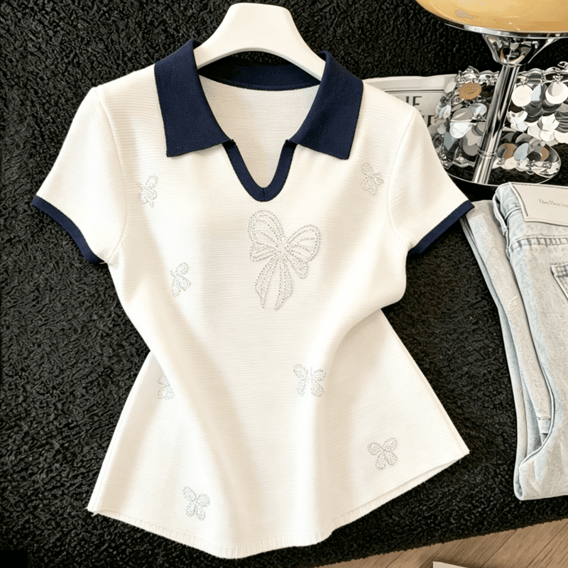 실사 개성 배색 POLO 칼라 니트 반팔 티셔츠 여름 새로운 핫픽스 나비 매듭 몸매 가꾸기 슬림해 보이는 맨위 이미지 5