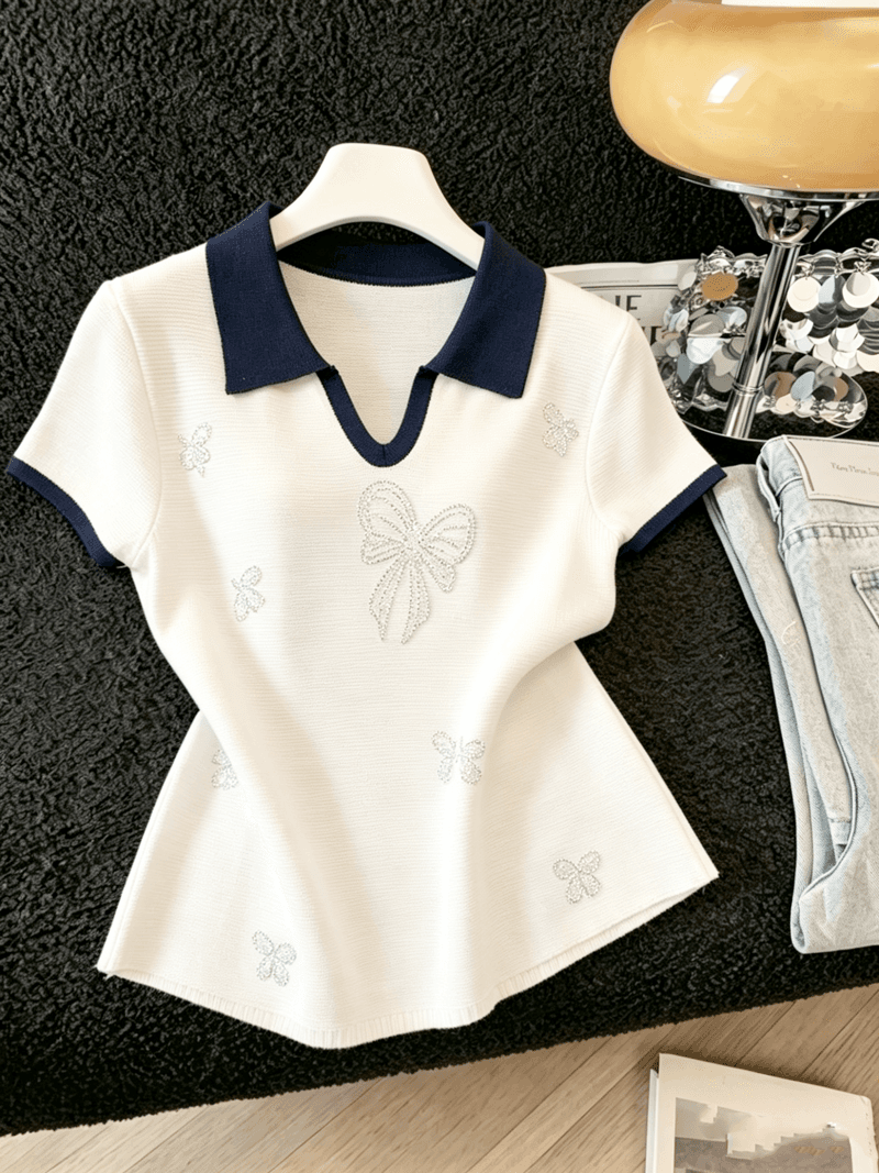 실사 개성 배색 POLO 칼라 니트 반팔 티셔츠 여름 새로운 핫픽스 나비 매듭 몸매 가꾸기 슬림해 보이는 맨위 상세 이미지 2