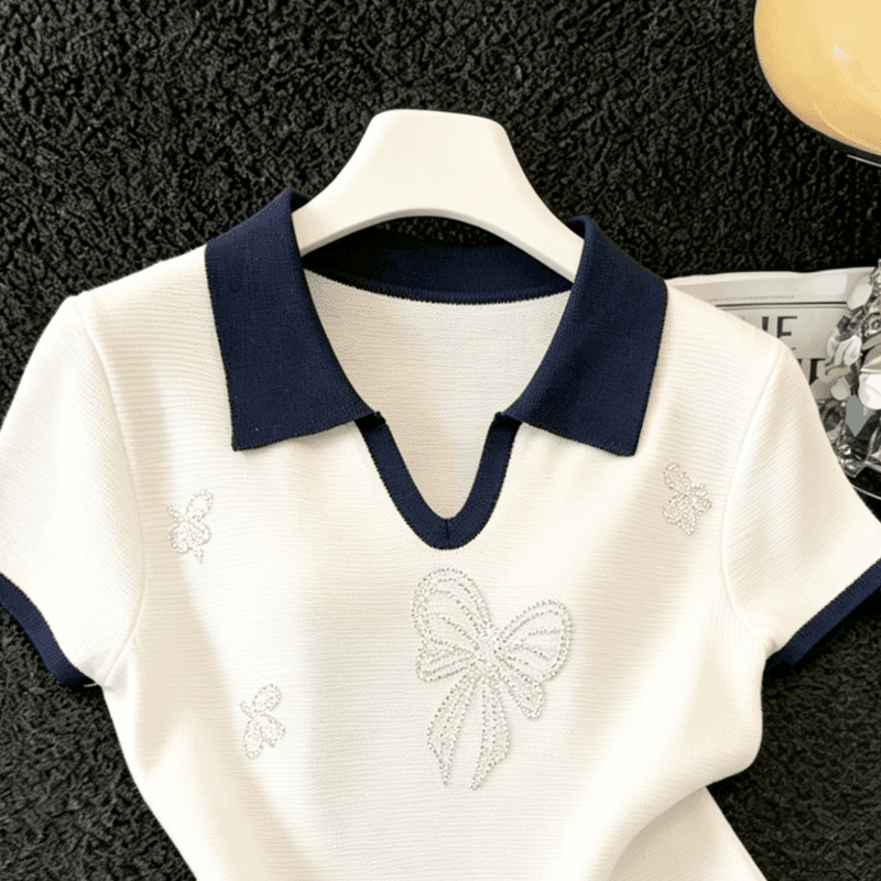 실사 개성 배색 POLO 칼라 니트 반팔 티셔츠 여름 새로운 핫픽스 나비 매듭 몸매 가꾸기 슬림해 보이는 맨위 상세 이미지 3