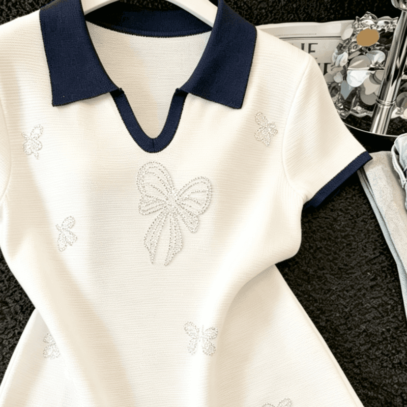 실사 개성 배색 POLO 칼라 니트 반팔 티셔츠 여름 새로운 핫픽스 나비 매듭 몸매 가꾸기 슬림해 보이는 맨위 상세 이미지 4