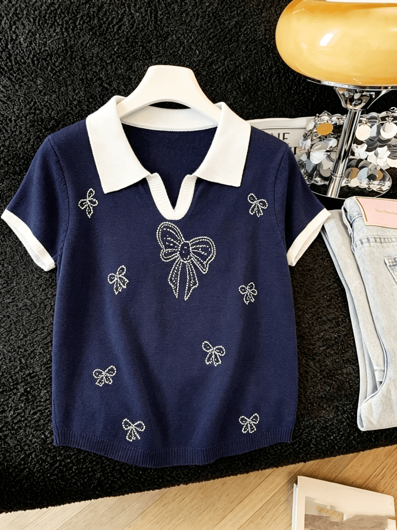 실사 개성 배색 POLO 칼라 니트 반팔 티셔츠 여름 새로운 핫픽스 나비 매듭 몸매 가꾸기 슬림해 보이는 맨위 상세 이미지 7