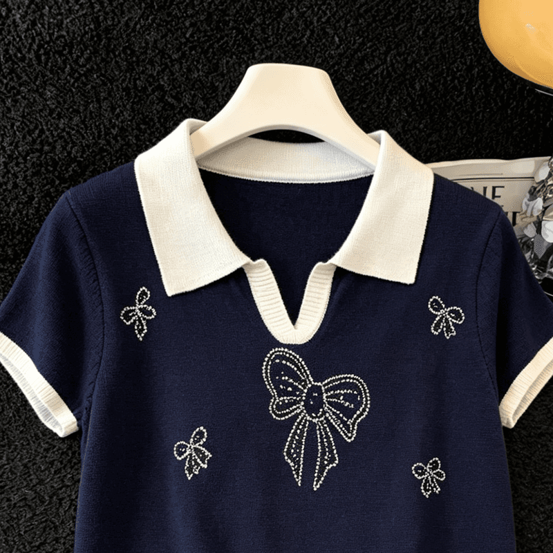 실사 개성 배색 POLO 칼라 니트 반팔 티셔츠 여름 새로운 핫픽스 나비 매듭 몸매 가꾸기 슬림해 보이는 맨위 상세 이미지 8
