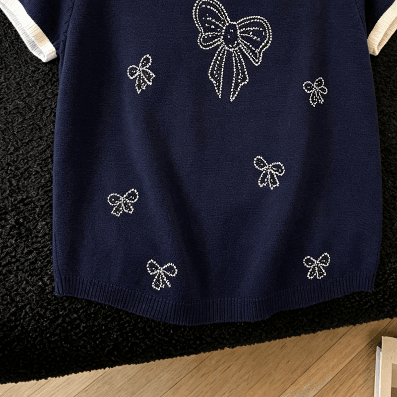 실사 개성 배색 POLO 칼라 니트 반팔 티셔츠 여름 새로운 핫픽스 나비 매듭 몸매 가꾸기 슬림해 보이는 맨위 상세 이미지 10