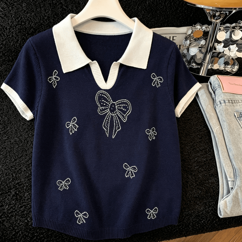 실사 개성 배색 POLO 칼라 니트 반팔 티셔츠 여름 새로운 핫픽스 나비 매듭 몸매 가꾸기 슬림해 보이는 맨위 상세 이미지 11