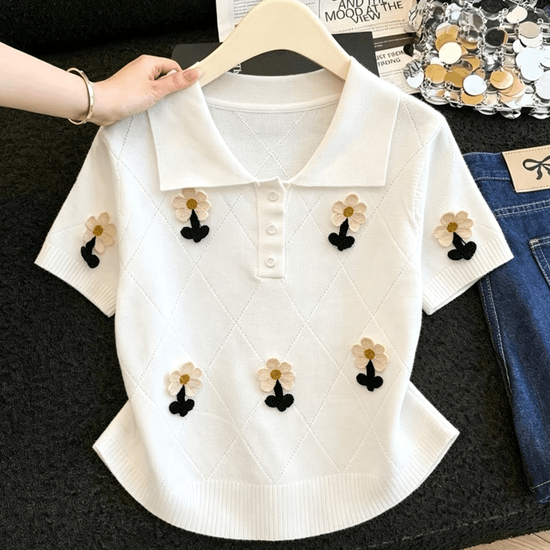 실사 3 차원 꽃 자수 POLO 칼라 니트 티셔츠 여성 여름 얇은 스타일 링 그리드 몸매 가꾸기 슬림해 보이는 반팔 맨위 상세 이미지 5