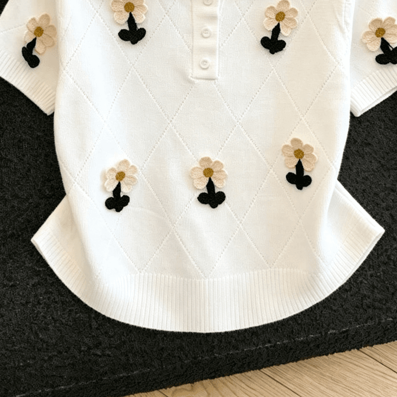 실사 3 차원 꽃 자수 POLO 칼라 니트 티셔츠 여성 여름 얇은 스타일 링 그리드 몸매 가꾸기 슬림해 보이는 반팔 맨위 상세 이미지 10
