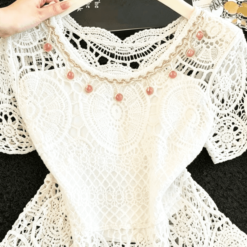 실사 한 부서 부드러운 바람 홀로우 아웃 자수 레이스 셔츠 블라우스 여성 여름 얇은 스타일 다용도 허리 수축 자외선 차단 맨위 상세 이미지 6