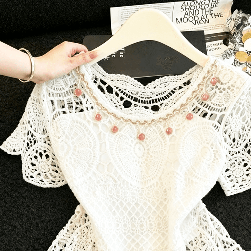 실사 한 부서 부드러운 바람 홀로우 아웃 자수 레이스 셔츠 블라우스 여성 여름 얇은 스타일 다용도 허리 수축 자외선 차단 맨위 상세 이미지 8