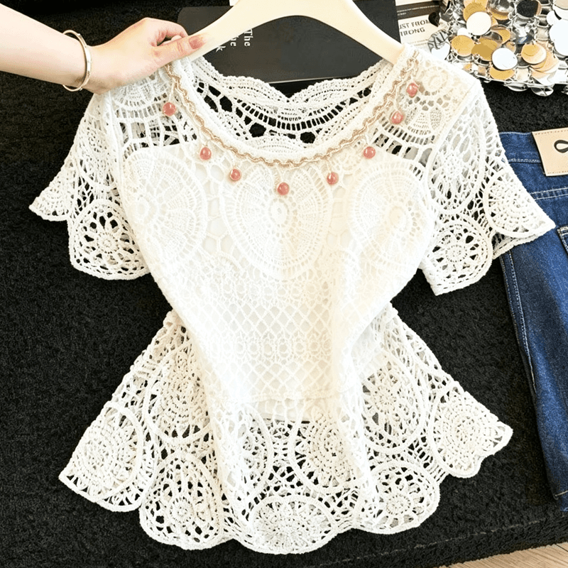 실사 한 부서 부드러운 바람 홀로우 아웃 자수 레이스 셔츠 블라우스 여성 여름 얇은 스타일 다용도 허리 수축 자외선 차단 맨위 상세 이미지 11