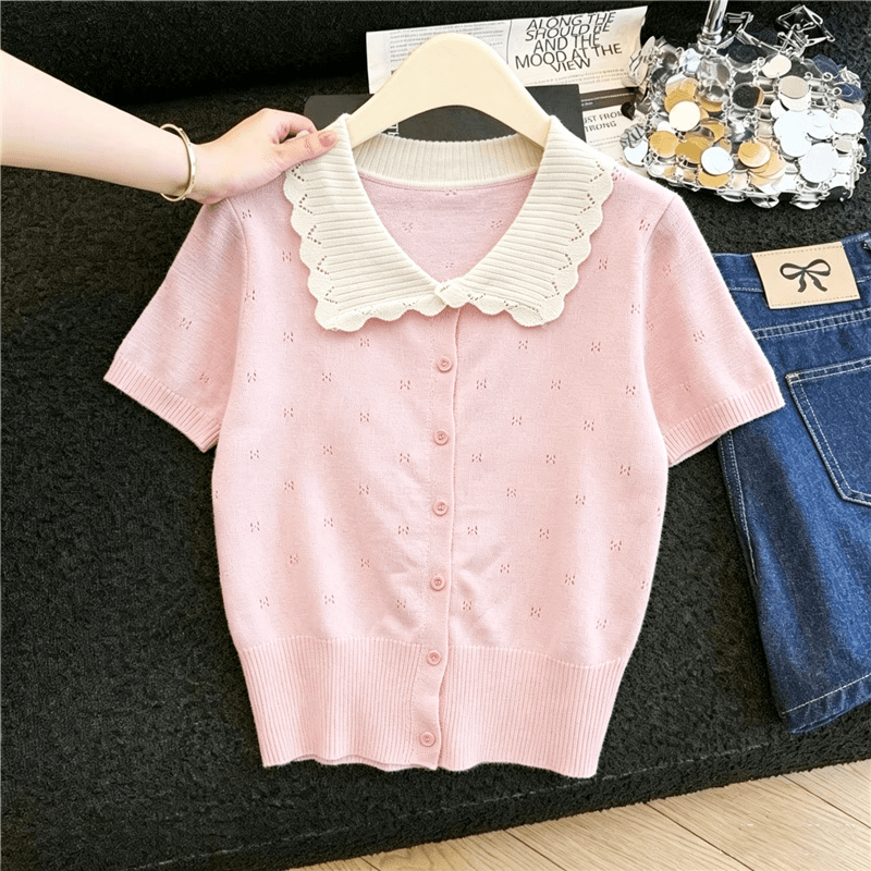 실사 프랑스식 연령 감소 배색 니트 반팔 티셔츠 여성 여름 새로운 베이비 칼라 다용도 통기성 얼음 실크 맨위 상세 이미지 1
