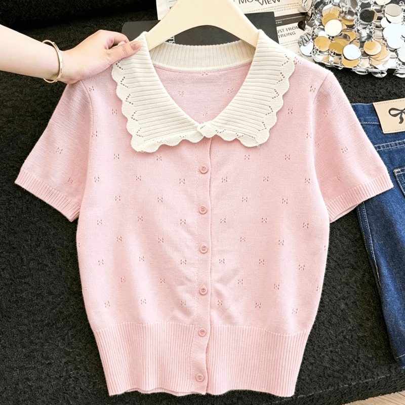 실사 프랑스식 연령 감소 배색 니트 반팔 티셔츠 여성 여름 새로운 베이비 칼라 다용도 통기성 얼음 실크 맨위 상세 이미지 4