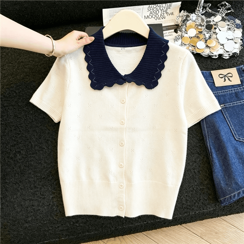 실사 프랑스식 연령 감소 배색 니트 반팔 티셔츠 여성 여름 새로운 베이비 칼라 다용도 통기성 얼음 실크 맨위 상세 이미지 5