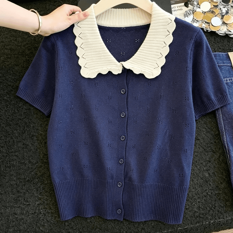 실사 프랑스식 연령 감소 배색 니트 반팔 티셔츠 여성 여름 새로운 베이비 칼라 다용도 통기성 얼음 실크 맨위 상세 이미지 12