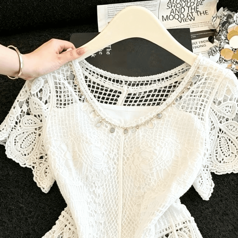 실사 프랑스식 부드러운 바람 홀로우 아웃 자수 레이스 블라우스 슬립 두 조각 여성 세트 여름 얇은 스타일 다용도 맨위 상세 이미지 7