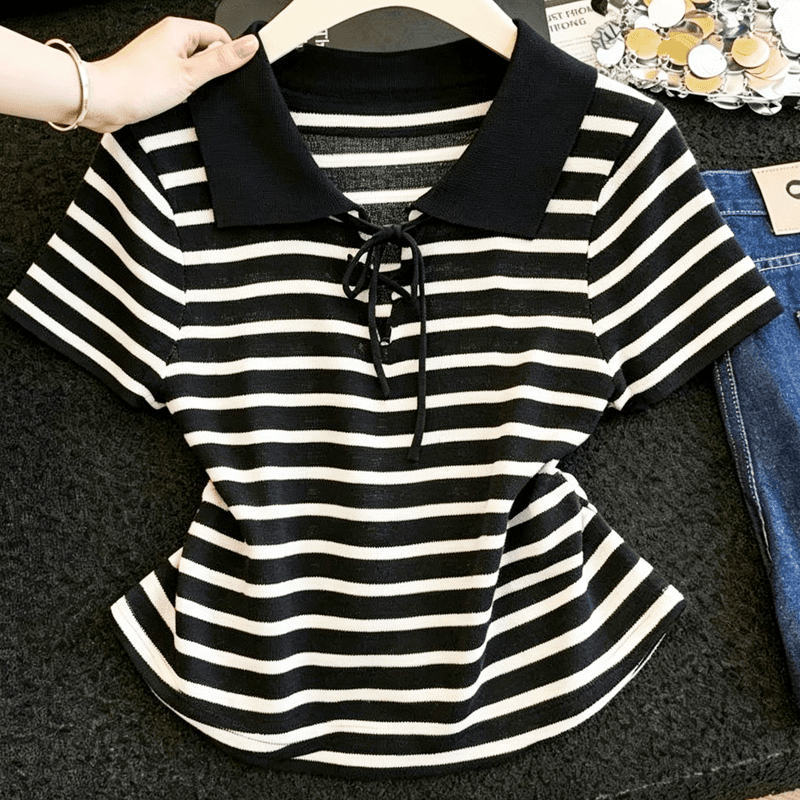 실사 스트라이프 POLO 칼라 얼음 실크 니트 반팔 티셔츠 여성 여름 얇은 스타일 통기성 레이스업 허리 수축 슬림해 보이는 맨위 이미지 4