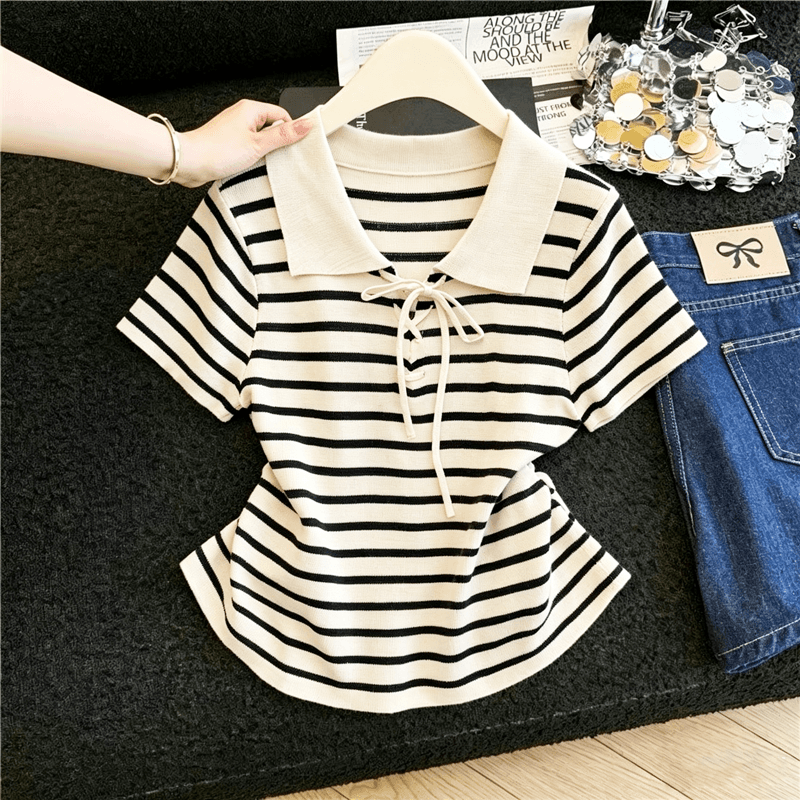 실사 스트라이프 POLO 칼라 얼음 실크 니트 반팔 티셔츠 여성 여름 얇은 스타일 통기성 레이스업 허리 수축 슬림해 보이는 맨위 상세 이미지 1