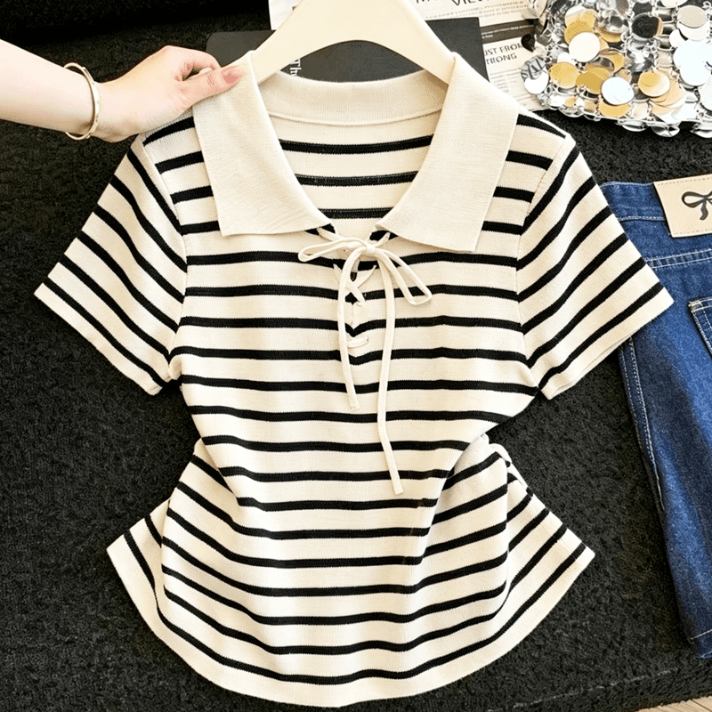 실사 스트라이프 POLO 칼라 얼음 실크 니트 반팔 티셔츠 여성 여름 얇은 스타일 통기성 레이스업 허리 수축 슬림해 보이는 맨위 상세 이미지 5