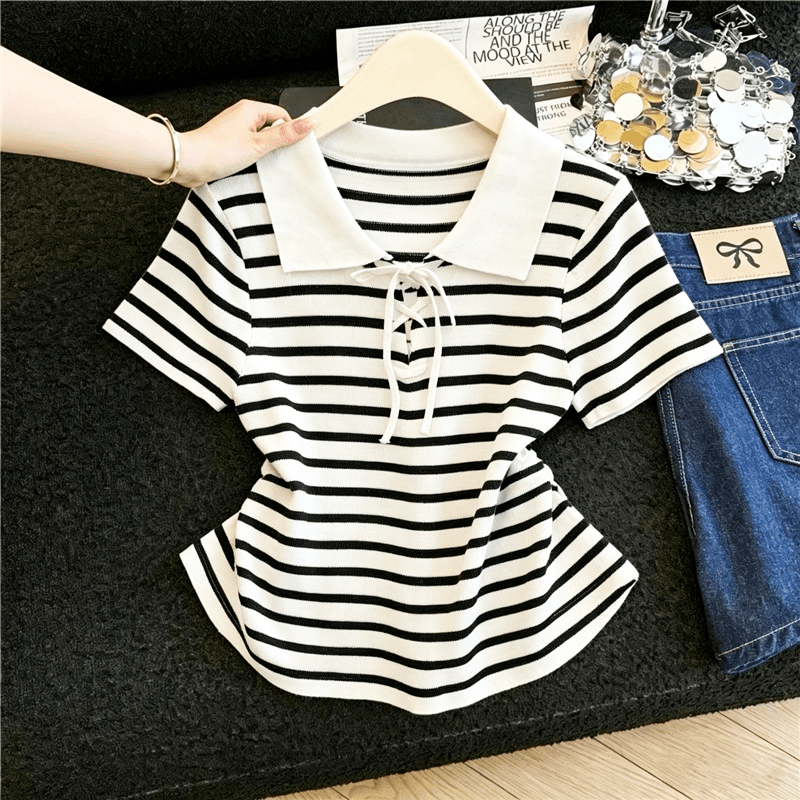 실사 스트라이프 POLO 칼라 얼음 실크 니트 반팔 티셔츠 여성 여름 얇은 스타일 통기성 레이스업 허리 수축 슬림해 보이는 맨위 상세 이미지 6