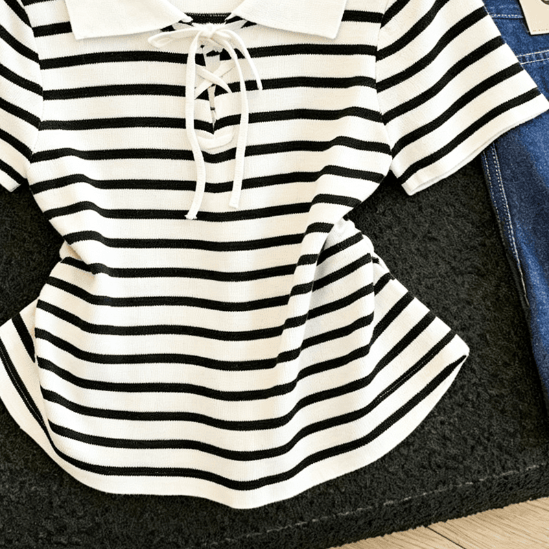 실사 스트라이프 POLO 칼라 얼음 실크 니트 반팔 티셔츠 여성 여름 얇은 스타일 통기성 레이스업 허리 수축 슬림해 보이는 맨위 상세 이미지 8