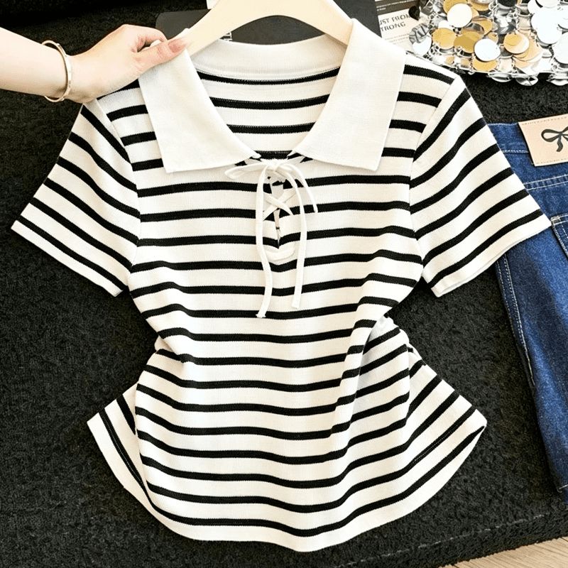 실사 스트라이프 POLO 칼라 얼음 실크 니트 반팔 티셔츠 여성 여름 얇은 스타일 통기성 레이스업 허리 수축 슬림해 보이는 맨위 상세 이미지 9