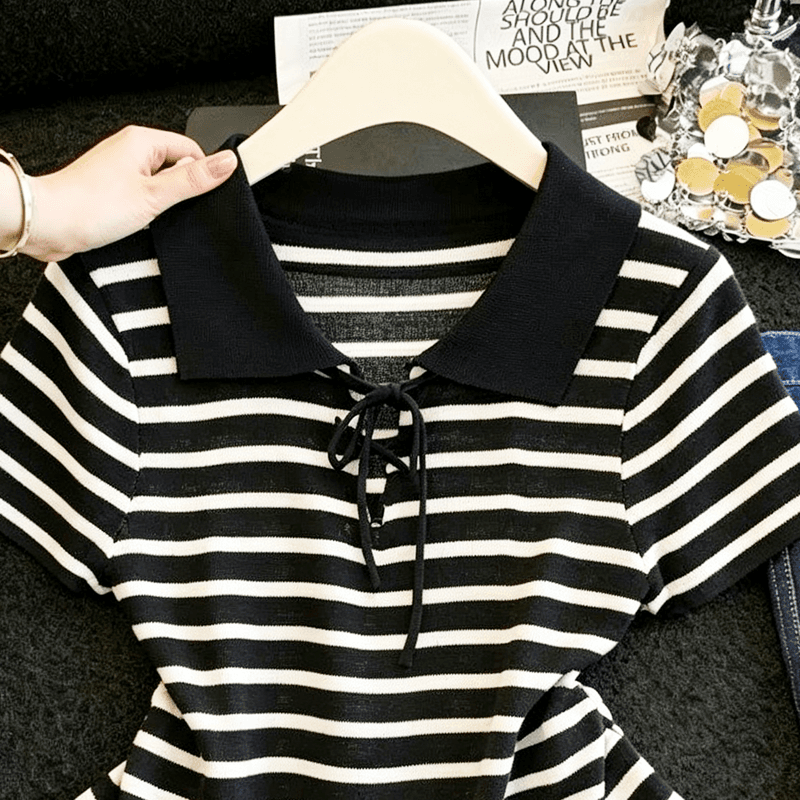 실사 스트라이프 POLO 칼라 얼음 실크 니트 반팔 티셔츠 여성 여름 얇은 스타일 통기성 레이스업 허리 수축 슬림해 보이는 맨위 상세 이미지 11