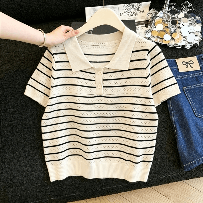 실사 프랑스식 스트라이프 POLO 칼라 니트 티셔츠 여성 여름 얇은 스타일 얼음 실크 통기성 몸매 가꾸기 슬림해 보이는 긍정적 인 어깨 의류