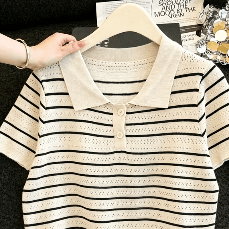 실사 프랑스식 스트라이프 POLO 칼라 니트 티셔츠 여성 여름 얇은 스타일 얼음 실크 통기성 몸매 가꾸기 슬림해 보이는 긍정적 인 어깨 의류 상세 이미지 2