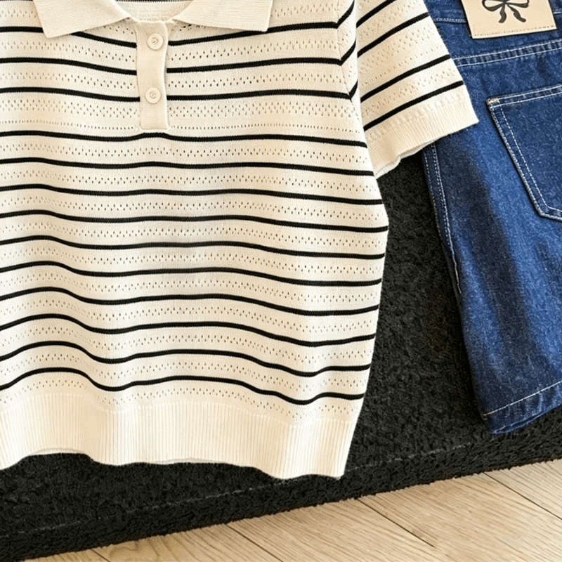 실사 프랑스식 스트라이프 POLO 칼라 니트 티셔츠 여성 여름 얇은 스타일 얼음 실크 통기성 몸매 가꾸기 슬림해 보이는 긍정적 인 어깨 의류 상세 이미지 3
