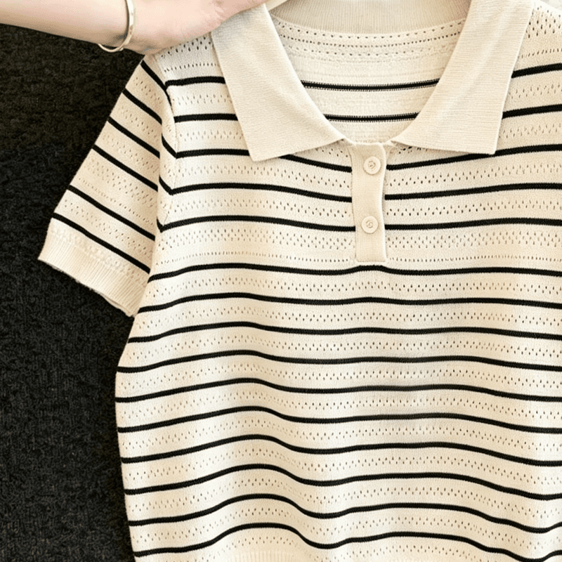 실사 프랑스식 스트라이프 POLO 칼라 니트 티셔츠 여성 여름 얇은 스타일 얼음 실크 통기성 몸매 가꾸기 슬림해 보이는 긍정적 인 어깨 의류 상세 이미지 4