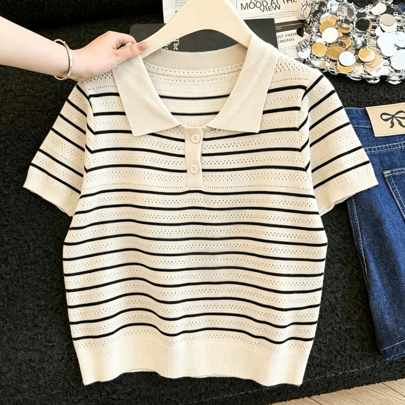 실사 프랑스식 스트라이프 POLO 칼라 니트 티셔츠 여성 여름 얇은 스타일 얼음 실크 통기성 몸매 가꾸기 슬림해 보이는 긍정적 인 어깨 의류 상세 이미지 5