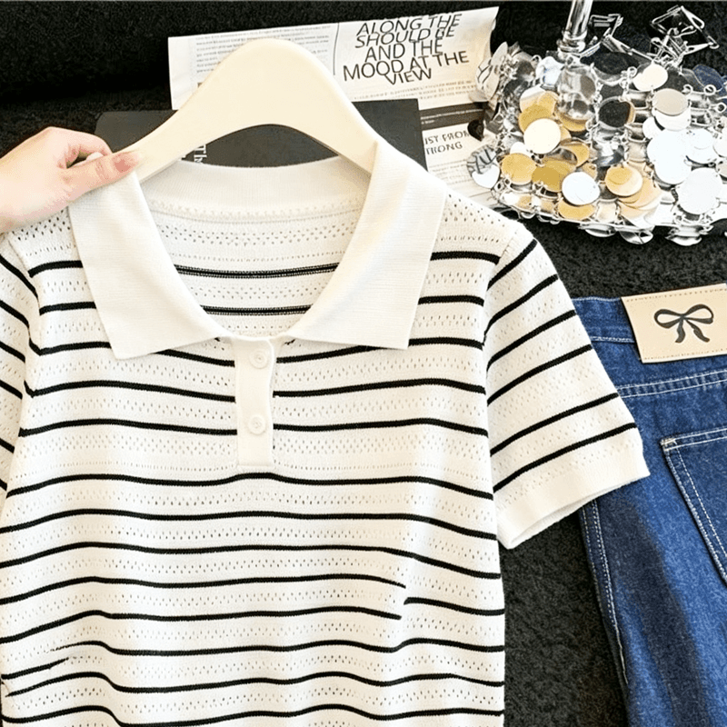 실사 프랑스식 스트라이프 POLO 칼라 니트 티셔츠 여성 여름 얇은 스타일 얼음 실크 통기성 몸매 가꾸기 슬림해 보이는 긍정적 인 어깨 의류 상세 이미지 7