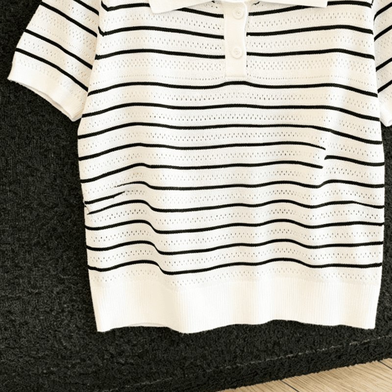 실사 프랑스식 스트라이프 POLO 칼라 니트 티셔츠 여성 여름 얇은 스타일 얼음 실크 통기성 몸매 가꾸기 슬림해 보이는 긍정적 인 어깨 의류 상세 이미지 8