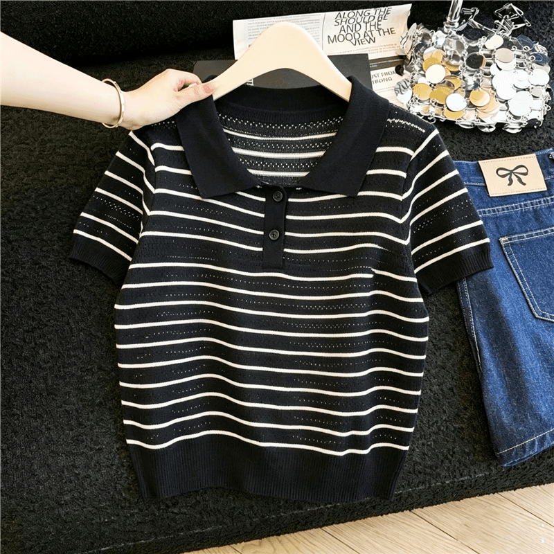 실사 프랑스식 스트라이프 POLO 칼라 니트 티셔츠 여성 여름 얇은 스타일 얼음 실크 통기성 몸매 가꾸기 슬림해 보이는 긍정적 인 어깨 의류 상세 이미지 10