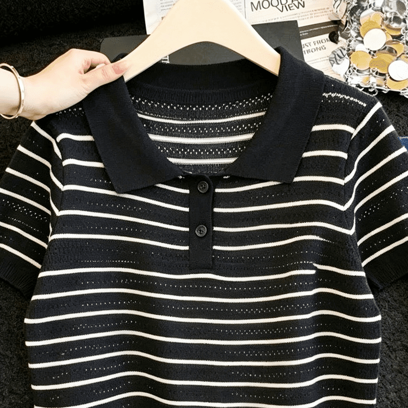 실사 프랑스식 스트라이프 POLO 칼라 니트 티셔츠 여성 여름 얇은 스타일 얼음 실크 통기성 몸매 가꾸기 슬림해 보이는 긍정적 인 어깨 의류 상세 이미지 11