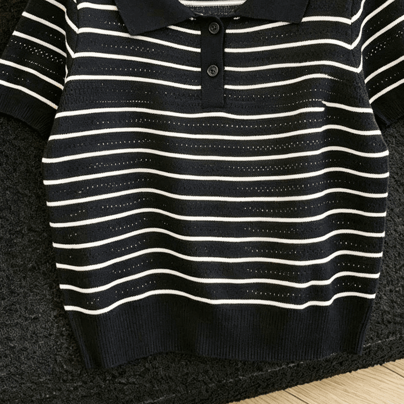 실사 프랑스식 스트라이프 POLO 칼라 니트 티셔츠 여성 여름 얇은 스타일 얼음 실크 통기성 몸매 가꾸기 슬림해 보이는 긍정적 인 어깨 의류 상세 이미지 12