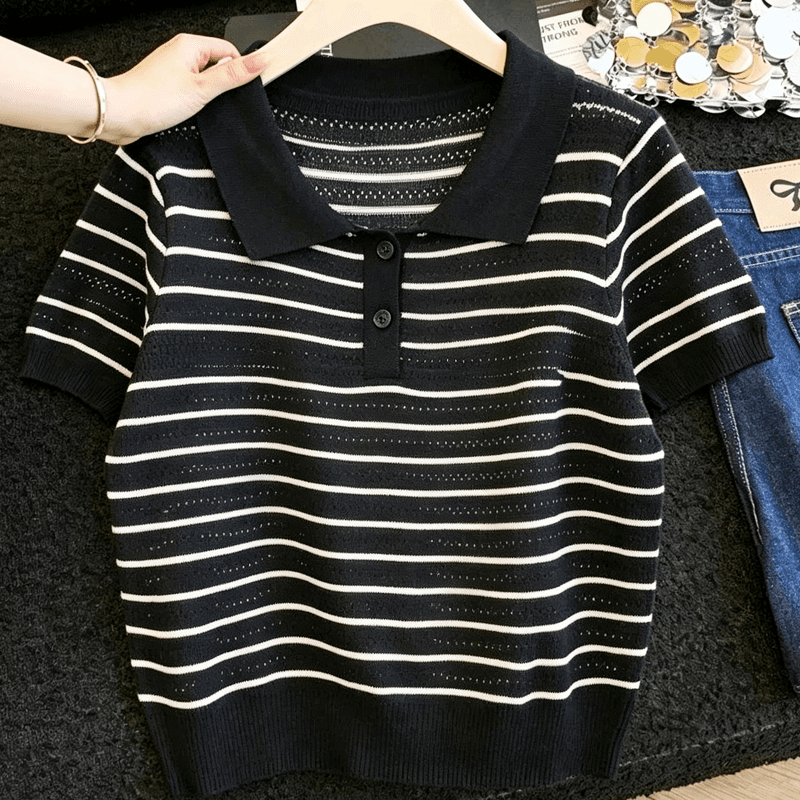 실사 프랑스식 스트라이프 POLO 칼라 니트 티셔츠 여성 여름 얇은 스타일 얼음 실크 통기성 몸매 가꾸기 슬림해 보이는 긍정적 인 어깨 의류 상세 이미지 13