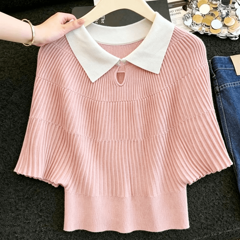 실사 부드러운 바람 배색 POLO 칼라 얼음 실크 니트 티셔츠 여성 여름 루즈핏 배트윙 소매 구덩이 기사 쇼트 스타일 맨위 이미지 5