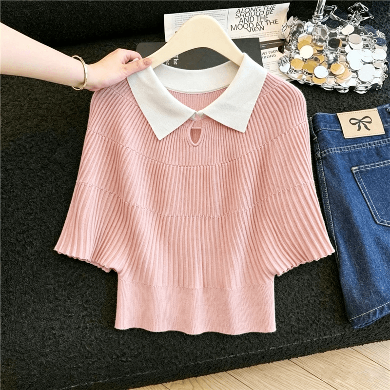 실사 부드러운 바람 배색 POLO 칼라 얼음 실크 니트 티셔츠 여성 여름 루즈핏 배트윙 소매 구덩이 기사 쇼트 스타일 맨위 상세 이미지 1