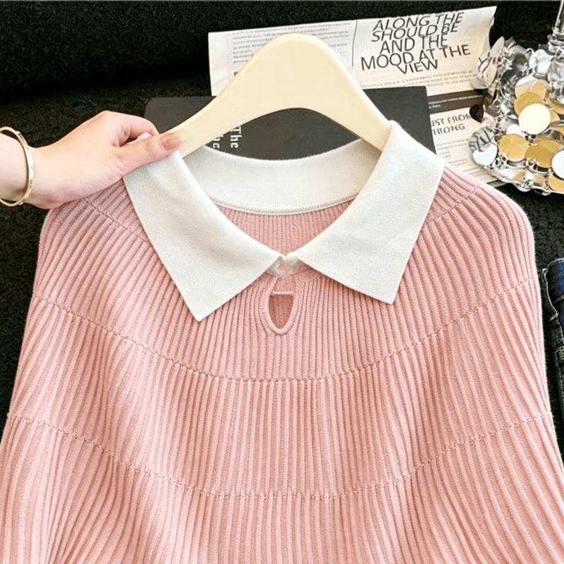 실사 부드러운 바람 배색 POLO 칼라 얼음 실크 니트 티셔츠 여성 여름 루즈핏 배트윙 소매 구덩이 기사 쇼트 스타일 맨위 상세 이미지 2