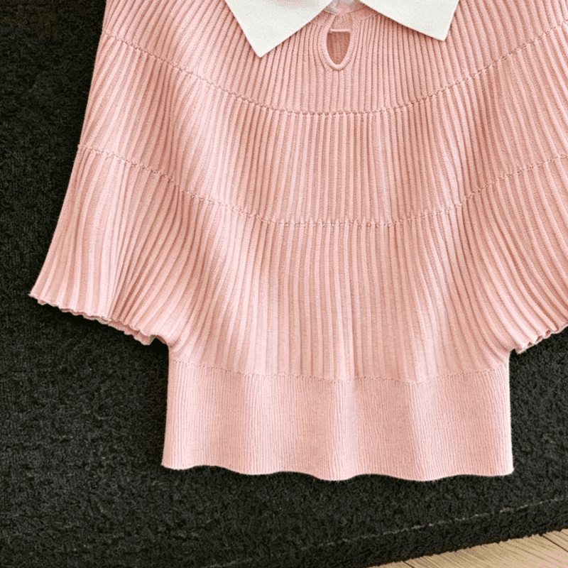 실사 부드러운 바람 배색 POLO 칼라 얼음 실크 니트 티셔츠 여성 여름 루즈핏 배트윙 소매 구덩이 기사 쇼트 스타일 맨위 상세 이미지 3