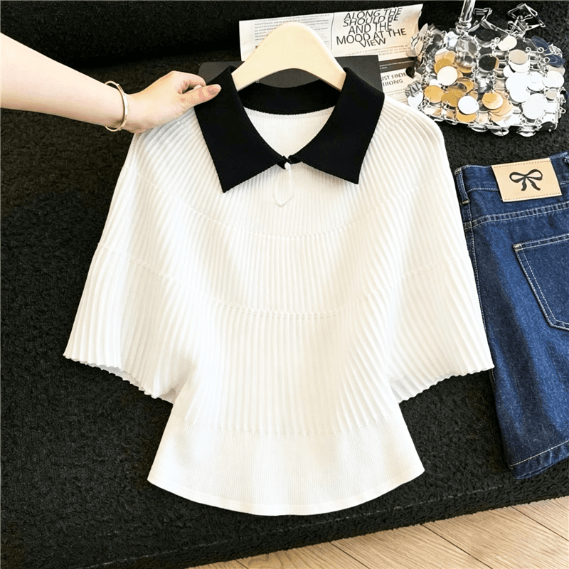 실사 부드러운 바람 배색 POLO 칼라 얼음 실크 니트 티셔츠 여성 여름 루즈핏 배트윙 소매 구덩이 기사 쇼트 스타일 맨위 상세 이미지 6