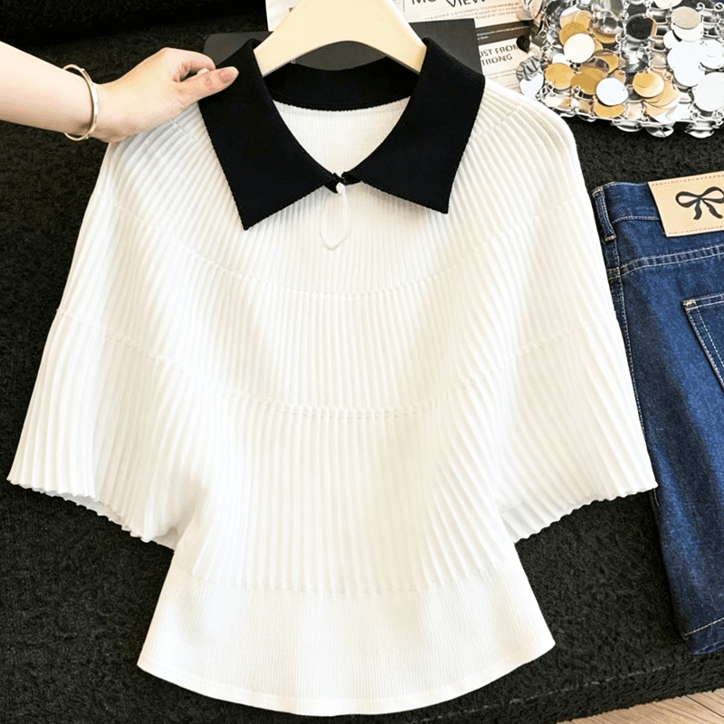 실사 부드러운 바람 배색 POLO 칼라 얼음 실크 니트 티셔츠 여성 여름 루즈핏 배트윙 소매 구덩이 기사 쇼트 스타일 맨위 상세 이미지 9