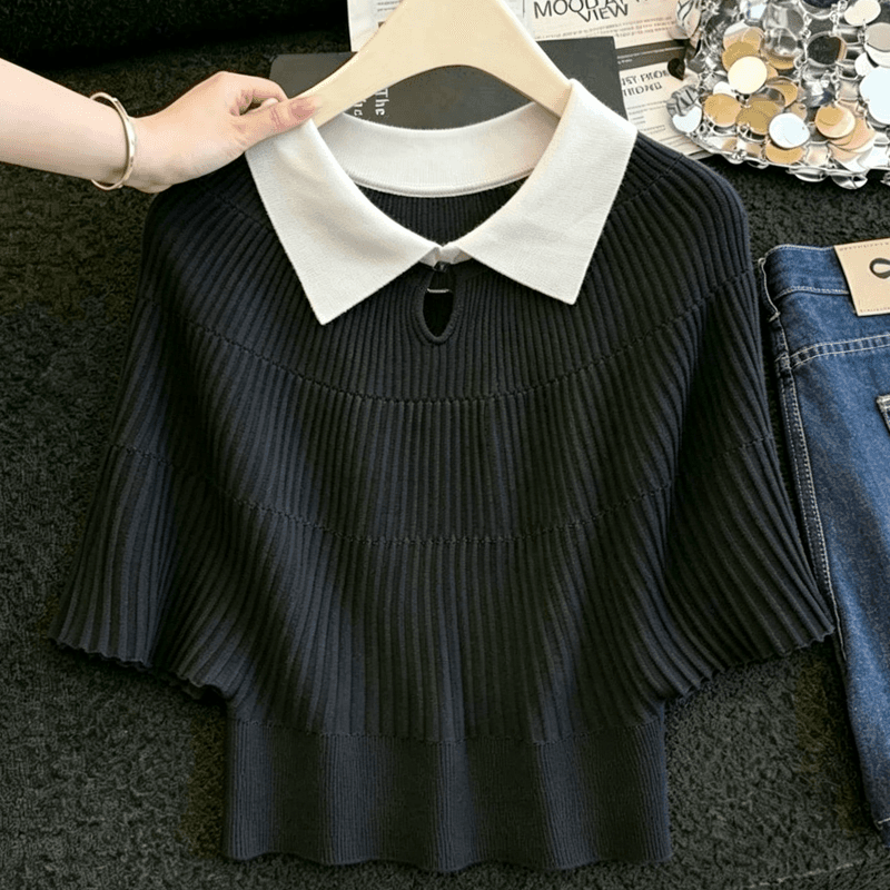 실사 부드러운 바람 배색 POLO 칼라 얼음 실크 니트 티셔츠 여성 여름 루즈핏 배트윙 소매 구덩이 기사 쇼트 스타일 맨위 상세 이미지 13