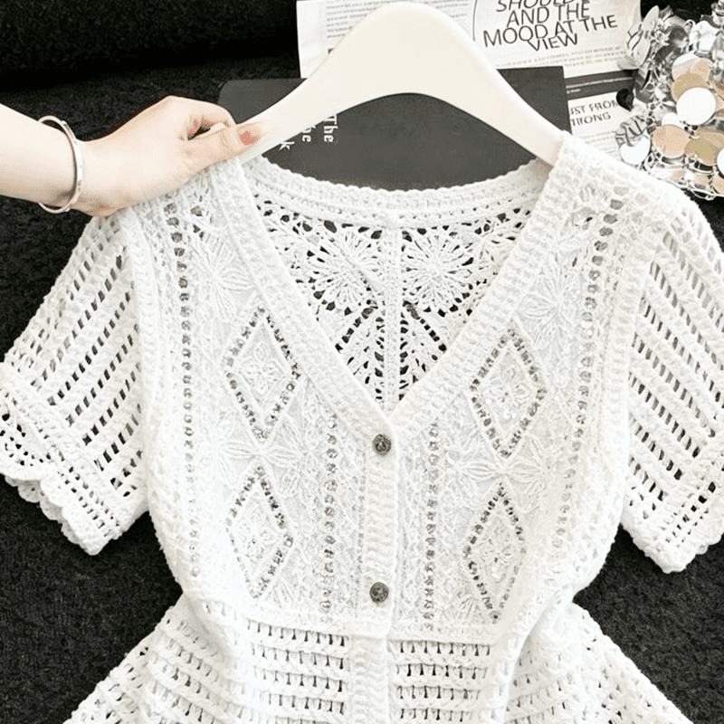 실사 프랑스식 V넥 자수 홀로우 아웃 반팔 오픈 가디건 여성 여름 새로운 자외선 차단 통기성 다용도 쇼트 스타일 레이스 셔츠 상세 이미지 2