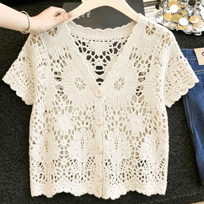 실사 프랑스식 자수 홀로우 아웃 V넥 반팔 레이스 셔츠 여성 여름 새로운 다용도 루즈핏 쇼트 스타일 오픈 가디건 맨위 이미지 5