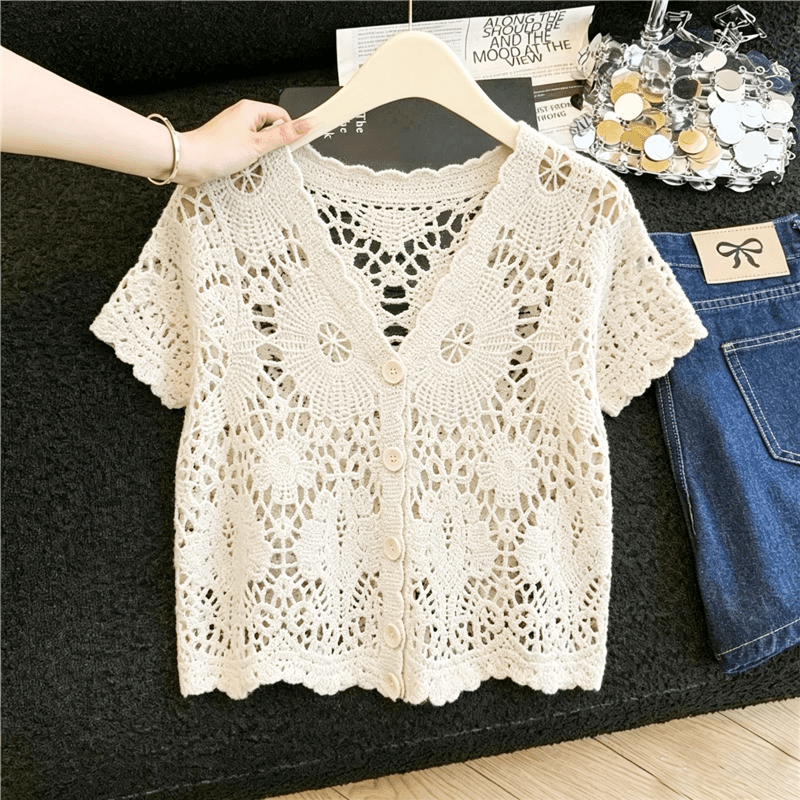 실사 프랑스식 자수 홀로우 아웃 V넥 반팔 레이스 셔츠 여성 여름 새로운 다용도 루즈핏 쇼트 스타일 오픈 가디건 맨위