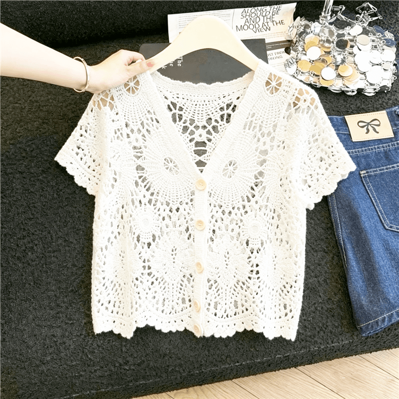 실사 프랑스식 자수 홀로우 아웃 V넥 반팔 레이스 셔츠 여성 여름 새로운 다용도 루즈핏 쇼트 스타일 오픈 가디건 맨위 상세 이미지 5