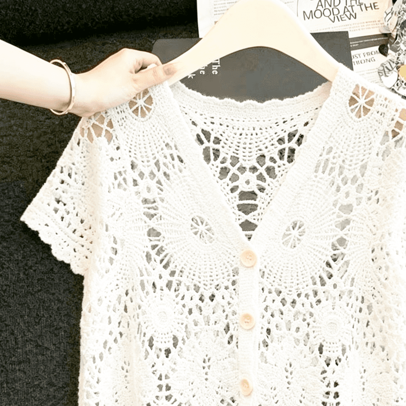실사 프랑스식 자수 홀로우 아웃 V넥 반팔 레이스 셔츠 여성 여름 새로운 다용도 루즈핏 쇼트 스타일 오픈 가디건 맨위 상세 이미지 6