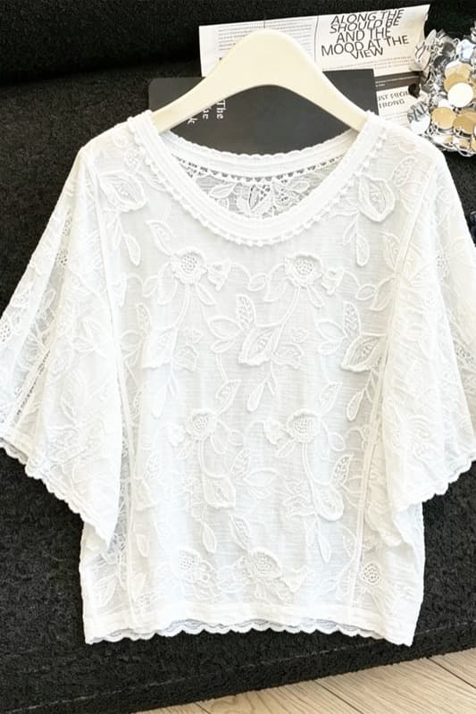 실사 빛 요리 한 부드러운 바람 홀로우 아웃 자수 레이스 블라우스 여성 여름 얇은 스타일 통기성 루즈핏 나팔 소매 반팔 작은 셔츠 이미지 6