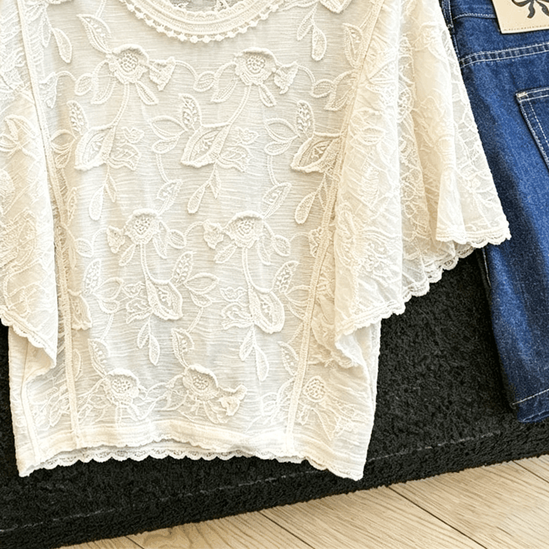 실사 빛 요리 한 부드러운 바람 홀로우 아웃 자수 레이스 블라우스 여성 여름 얇은 스타일 통기성 루즈핏 나팔 소매 반팔 작은 셔츠 상세 이미지 8